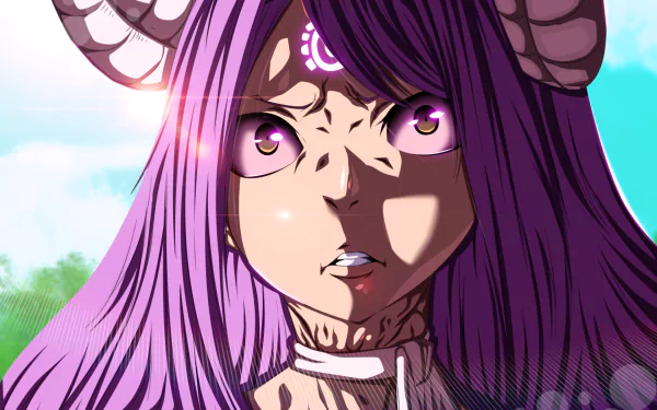 HD PC desktop wallpaper featuring Seilah from the anime Fairy Tail with intense eyes, purple hair, and horned details against a bright sky background.