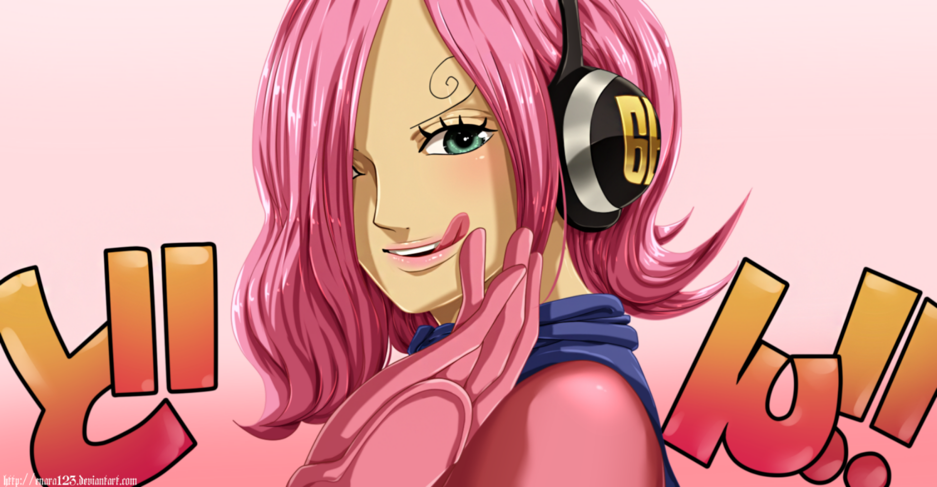 HD PC desktop wallpaper featuring Reiju Vinsmoke from the anime One Piece, showcasing her with pink hair, a confident expression, and signature headphones.