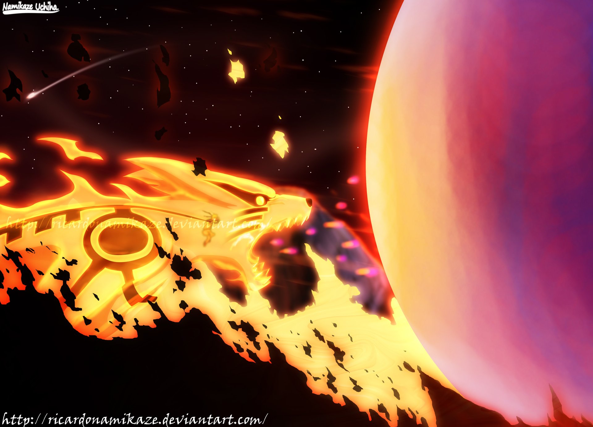 A vivid 4K Ultra HD anime wallpaper featuring Naruto Uzumaki and Kurama, with Kurama breathing fiery energy toward a glowing celestial body.