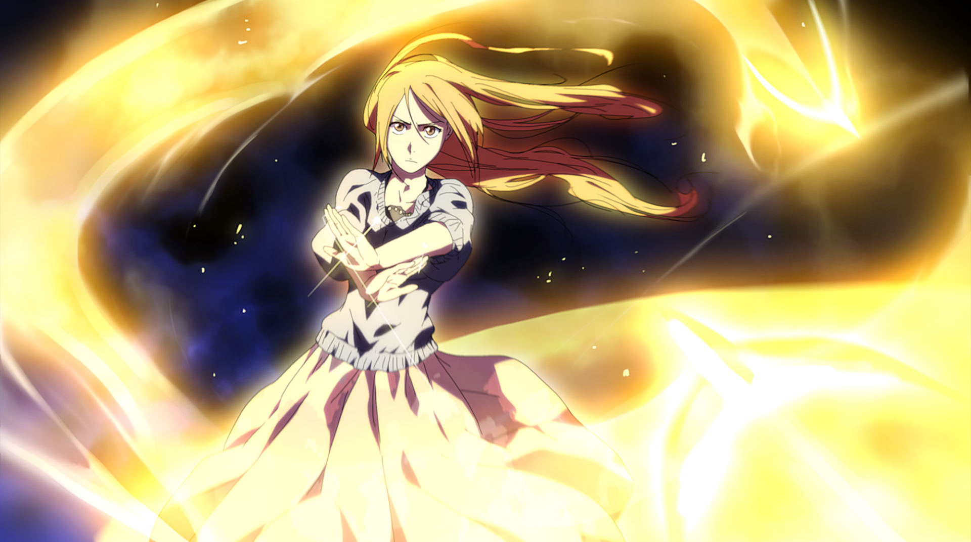 HD PC desktop wallpaper featuring Orihime Inoue from the anime Bleach, glowing with radiant golden energy against a dark, starry background.