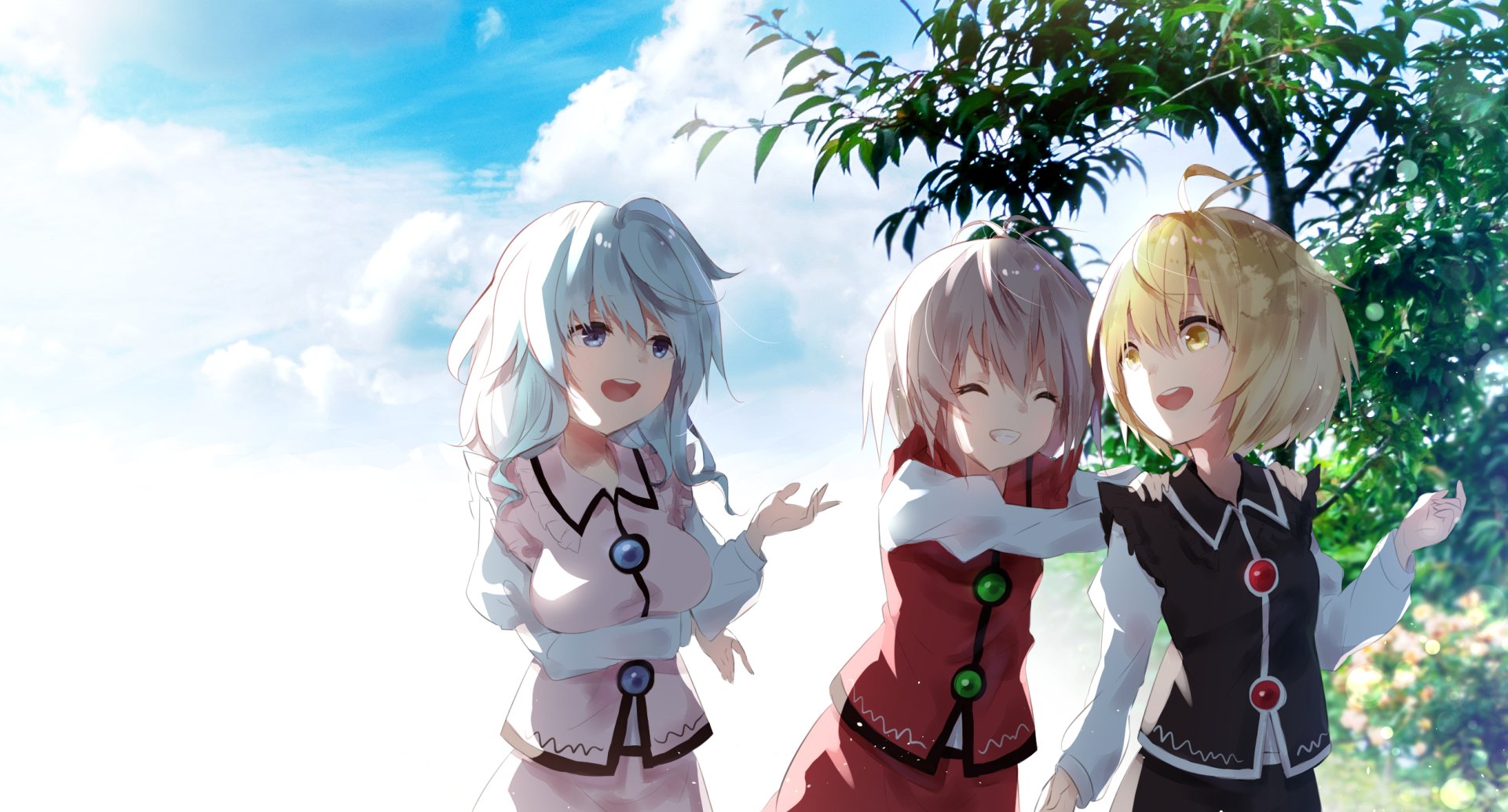 HD anime-style Touhou desktop wallpaper featuring three cheerful girls standing outdoors under a bright blue sky with green foliage.