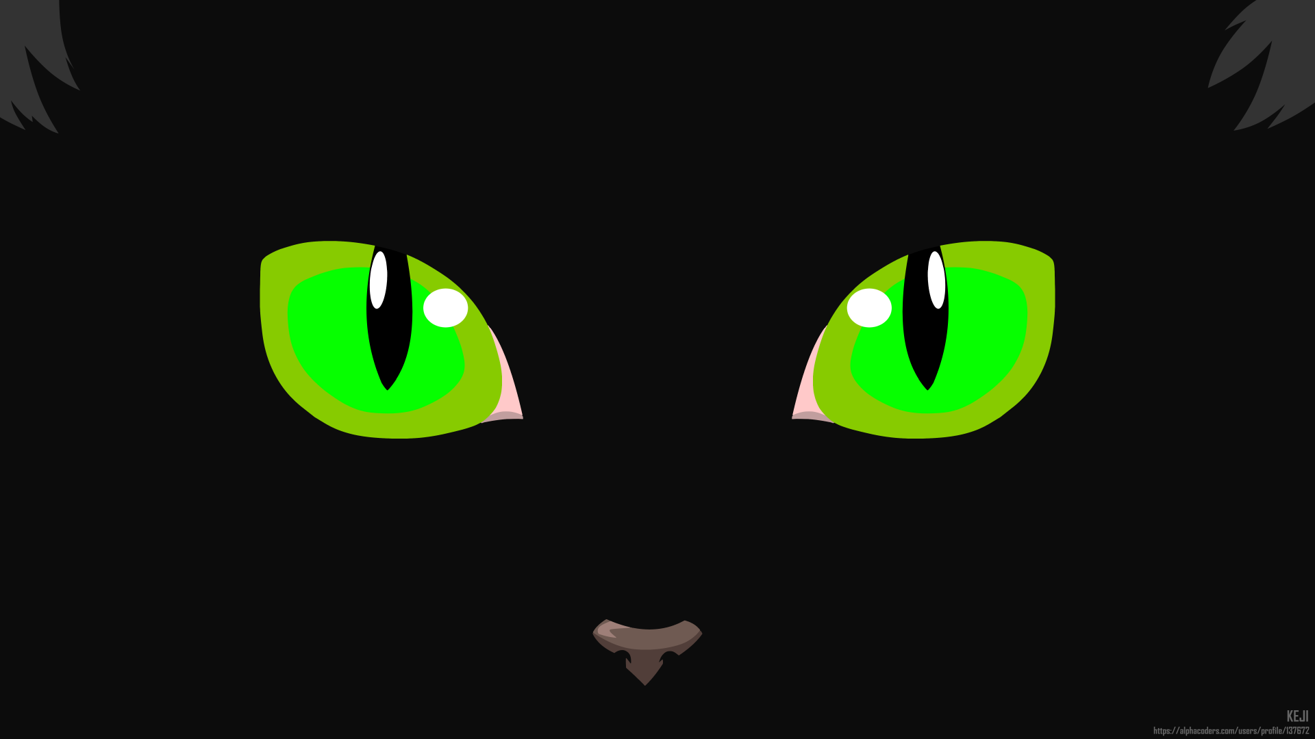 HD minimalist desktop wallpaper featuring a black background with an artistic close-up of a cat's vivid green eyes and nose, tagged with black, eye, minimalist, cat, animal, artistic, oled.