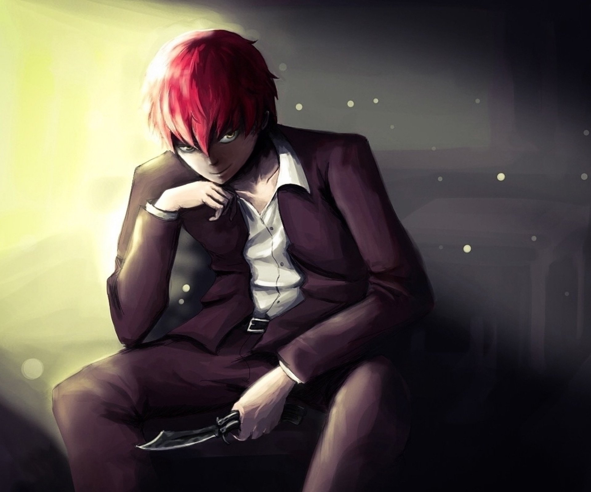 Karma Akabane from Assassination Classroom — moody anime HD PC desktop wallpaper: he sits in a dark suit against a glowing background, hand near his face, intense expression.