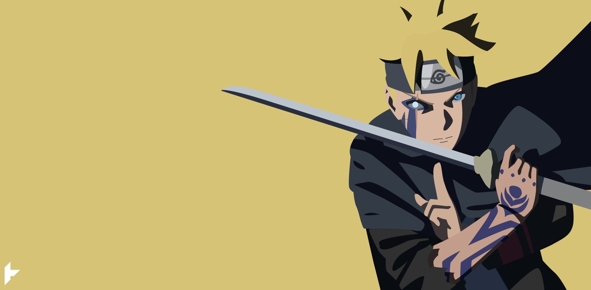 Boruto Uzumaki with his Jōgan eye and sword, stylized anime figure against a minimalist mustard field — 5K Ultra HD PC desktop wallpaper.