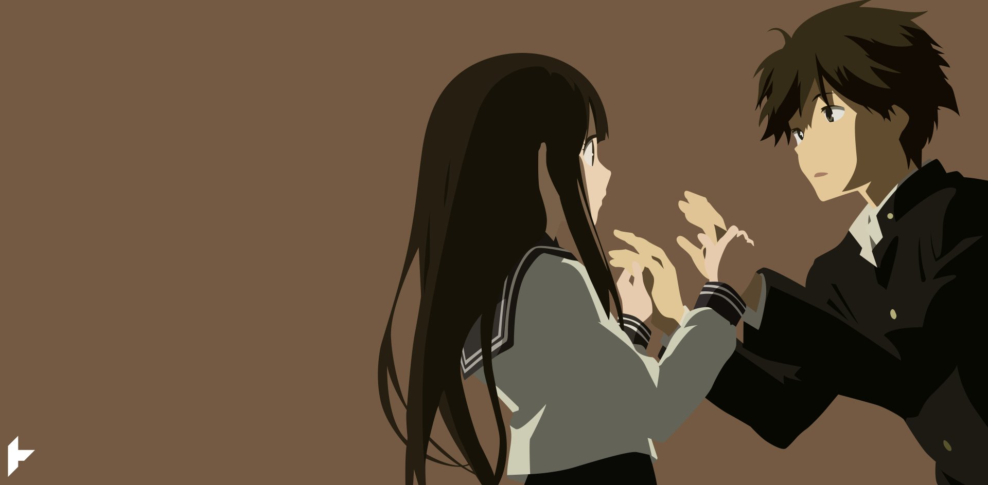 Eru Chitanda and Hōtarō Oreki from Hyouka reach toward each other on a simple brown backdrop — 5K Ultra HD anime desktop wallpaper.