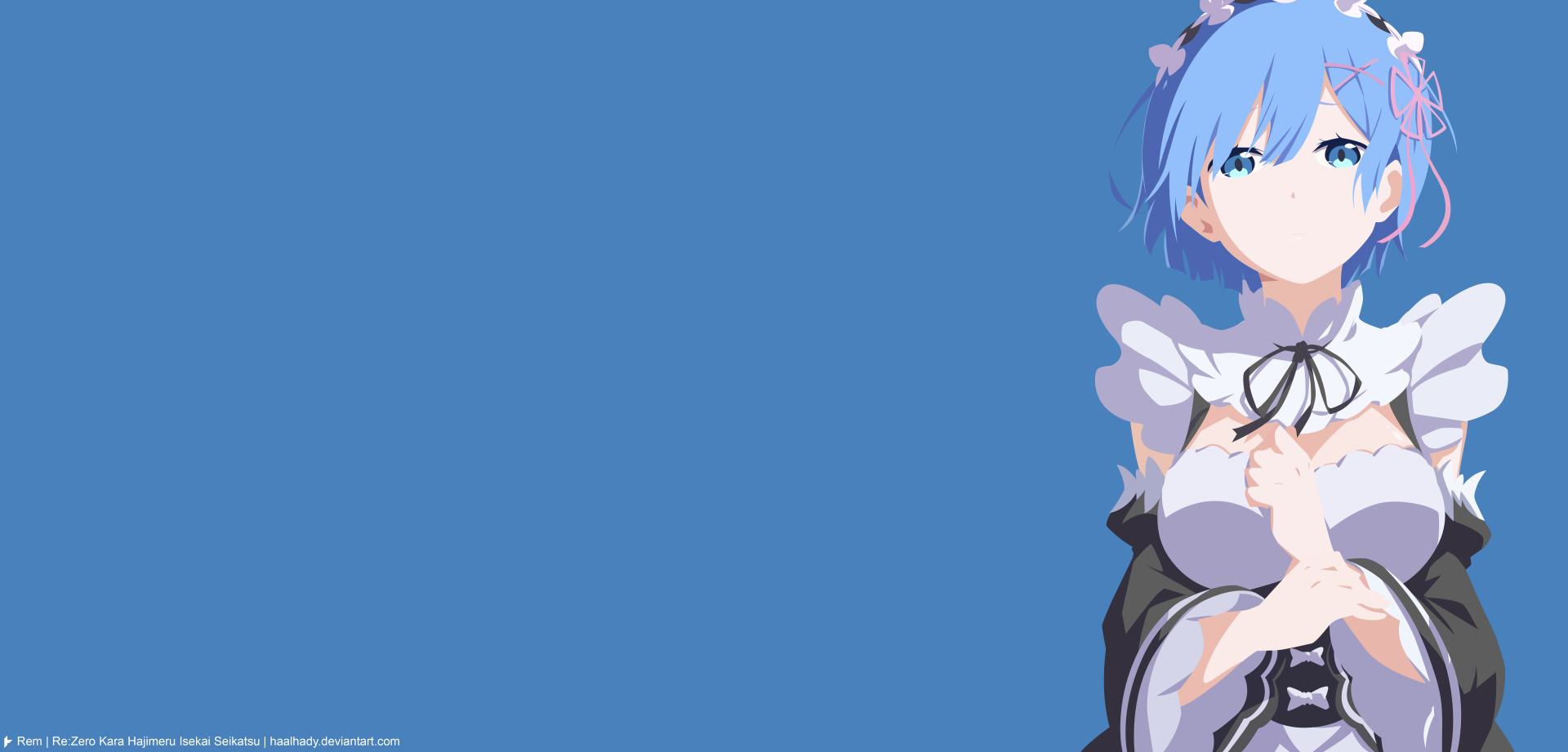 Minimalist 4K Ultra HD anime wallpaper featuring Rem from Re:Zero with blue hair, blue eyes, a maid outfit, and a headband against a solid blue background.