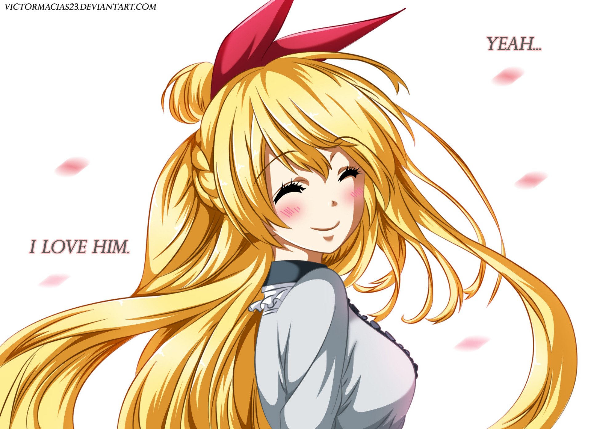 Chitoge Kirisaki (Nisekoi) anime artwork: smiling blonde with red ribbon, cherry petals drifting — HD PC desktop wallpaper and background.
