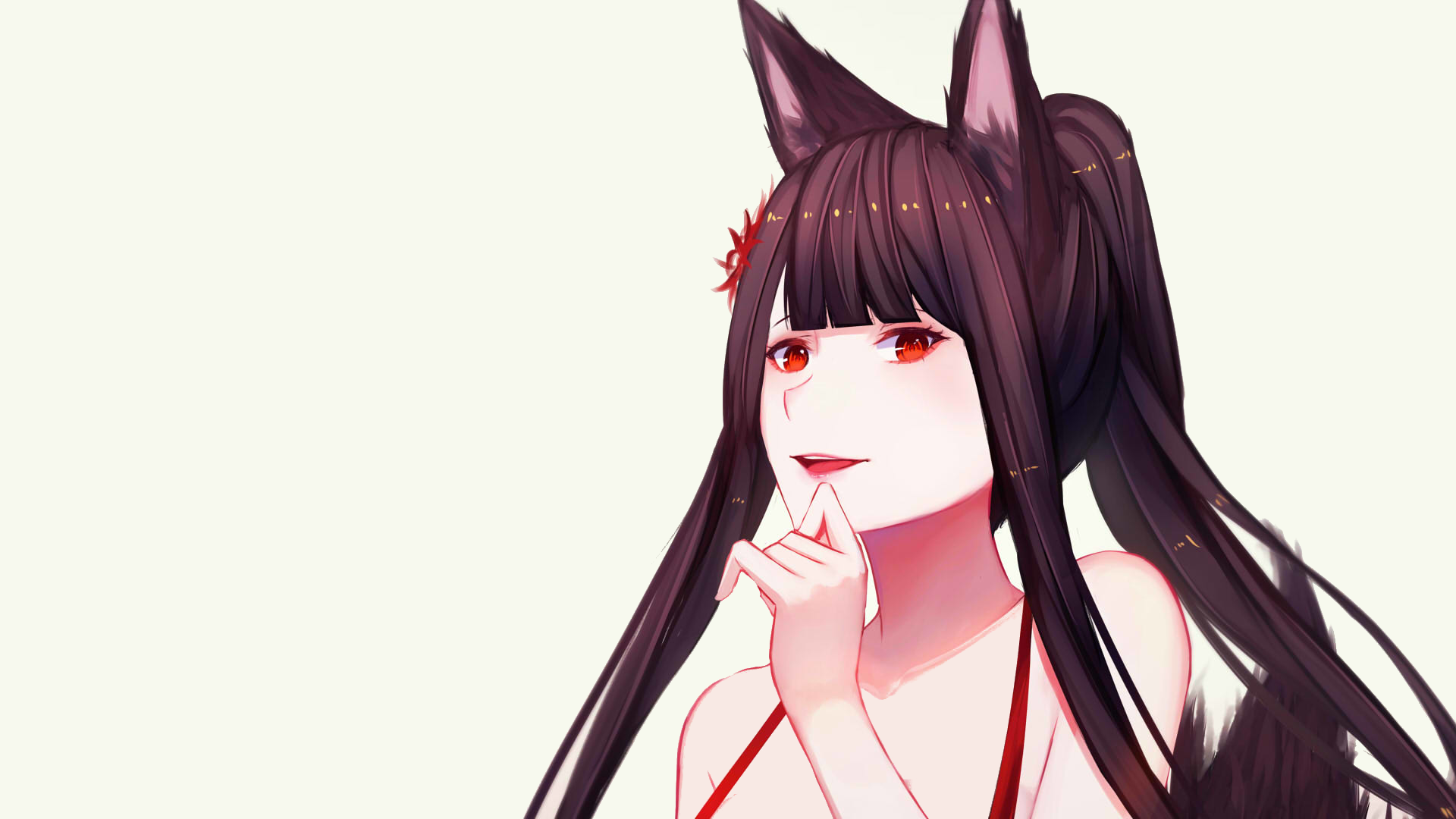 HD desktop wallpaper featuring Akagi from Azur Lane, an anime character, with long black hair, fox ears, and a thoughtful expression.