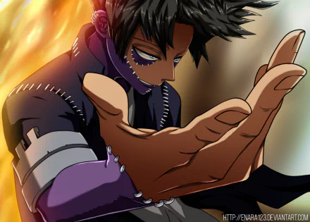 HD PC wallpaper of Dabi (Boku No Hero Academia) from My Hero Academia — anime close-up showing stitched dark skin, outstretched hand and flickering flame glow.