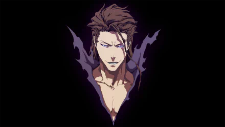HD desktop wallpaper of Sōsuke Aizen from the anime Bleach, featuring a detailed and intense illustration of the character against a dark background.