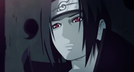 HD PC desktop wallpaper featuring Itachi Uchiha from the anime Naruto, showcasing his intense red Sharingan eyes in a dark, dramatic setting.