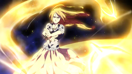 HD PC desktop wallpaper featuring Orihime Inoue from the anime Bleach, glowing with radiant golden energy against a dark, starry background.