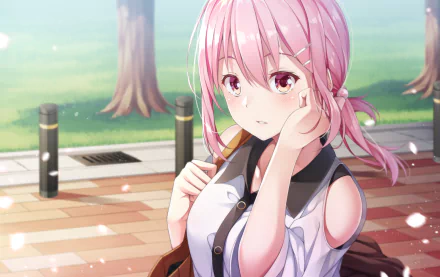 HD desktop wallpaper featuring an original anime character with pink hair set against a serene outdoor background with trees and falling petals.