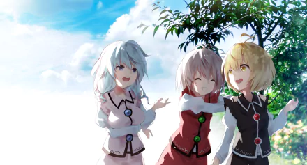 HD anime-style Touhou desktop wallpaper featuring three cheerful girls standing outdoors under a bright blue sky with green foliage.
