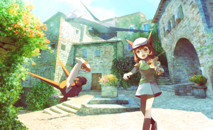Bianca from Pokémon Heroes with Latias and Latios in a sunlit Mediterranean village courtyard — anime HD PC desktop wallpaper/background.