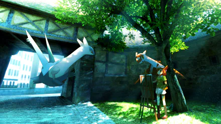 HD PC anime wallpaper from Pokémon: Heroes showing Bianca painting under a tree as Latias and Latios hover nearby.