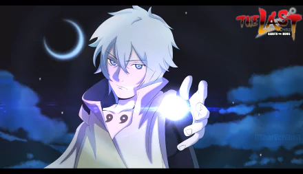 HD anime wallpaper featuring Toneri Ōtsutsuki from the Ōtsutsuki clan, set against a night sky with a crescent moon, from The Last: Naruto the Movie.