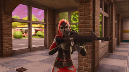 HD desktop wallpaper featuring a Fortnite character in a red and black outfit aiming an assault rifle inside a brick-walled building with large windows.