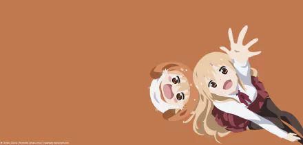 Umaru Doma from the anime Himouto! Umaru-chan: chibi hamster-hooded and school-uniform portraits reaching out on a warm brown background — 5K Ultra HD PC desktop wallpaper