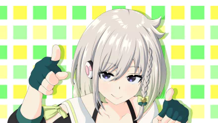 HD PC desktop wallpaper of YuNi (Virtual YouTuber), an anime-style white-haired VTuber smiling and pointing at the viewer against a green-and-yellow checkered background.