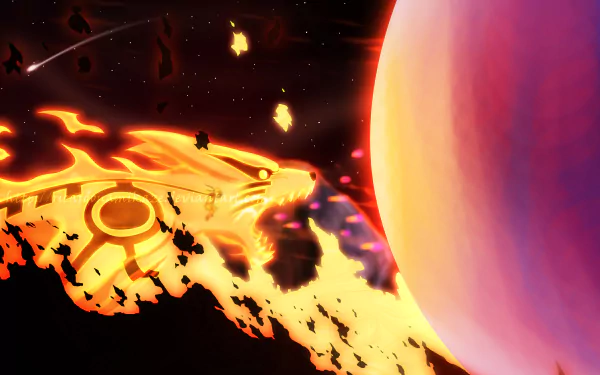 A vivid 4K Ultra HD anime wallpaper featuring Naruto Uzumaki and Kurama, with Kurama breathing fiery energy toward a glowing celestial body.