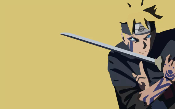Boruto Uzumaki with his Jōgan eye and sword, stylized anime figure against a minimalist mustard field — 5K Ultra HD PC desktop wallpaper.