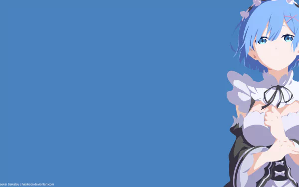 Minimalist 4K Ultra HD anime wallpaper featuring Rem from Re:Zero with blue hair, blue eyes, a maid outfit, and a headband against a solid blue background.