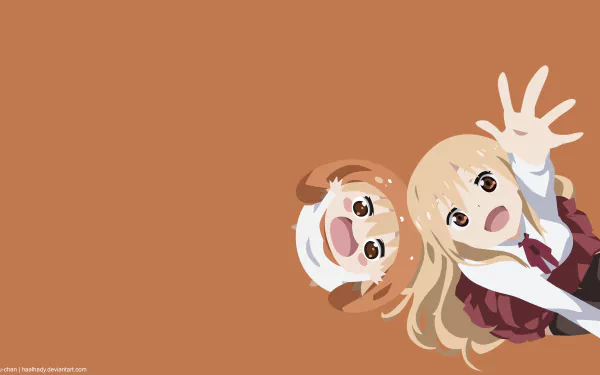 Umaru Doma from the anime Himouto! Umaru-chan: chibi hamster-hooded and school-uniform portraits reaching out on a warm brown background — 5K Ultra HD PC desktop wallpaper