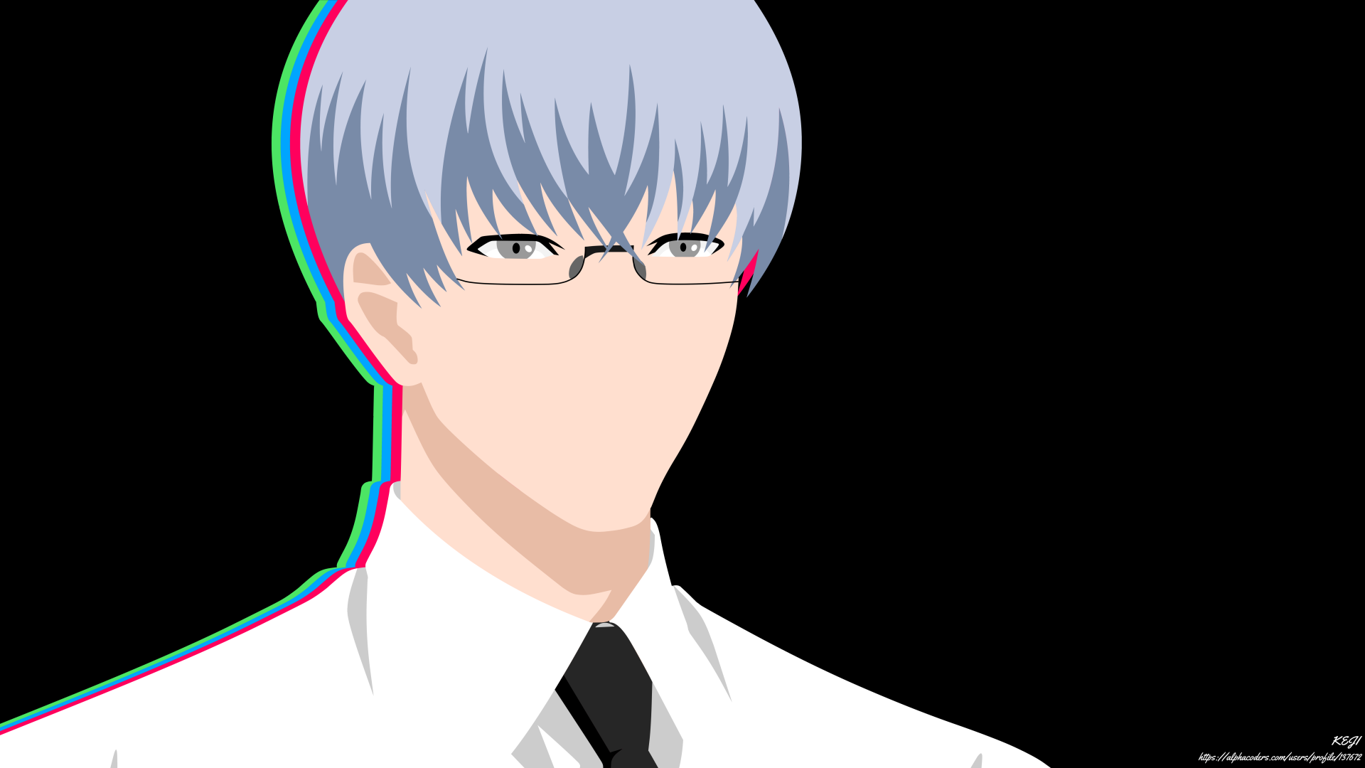 Minimalist 8K Ultra HD anime wallpaper of Kishou Arima from Tokyo Ghoul and Tokyo Ghoul:re, featuring his white hair and glasses in a clean, stylized design.