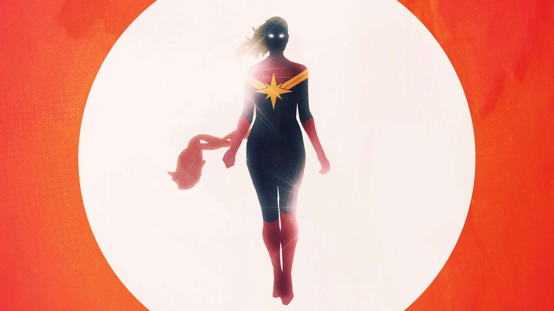 HD PC desktop wallpaper featuring Captain Marvel silhouetted against a bright circular light with a fiery orange background, showcasing the iconic superhero from the movie.
