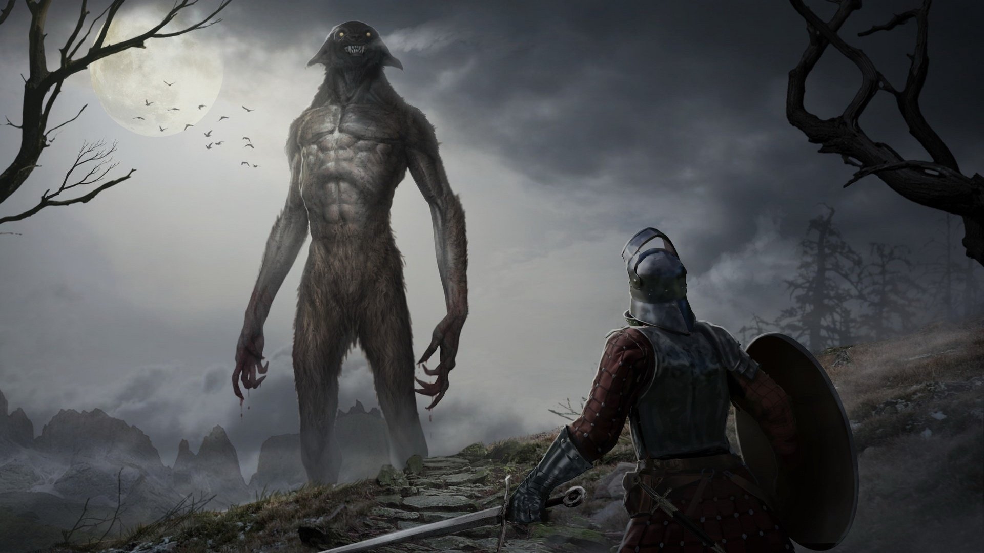 A dark fantasy HD wallpaper depicting a warrior facing a towering giant creature under a full moon in a bleak, eerie landscape.