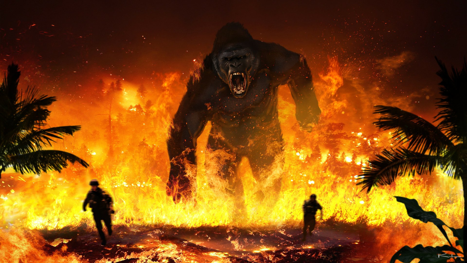 HD PC desktop wallpaper of King Kong (Kong: Skull Island movie) towering through a wall of fire as silhouetted soldiers flee across a burning jungle.