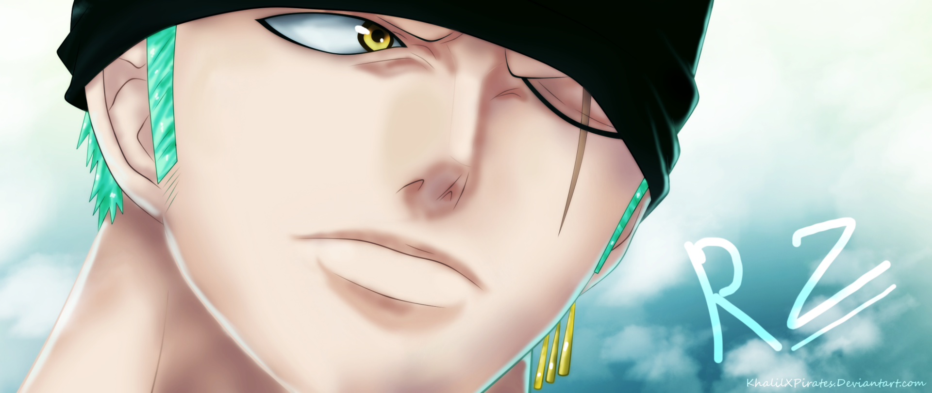 HD anime wallpaper featuring a close-up of Roronoa Zoro from One Piece with his signature earrings, green hair, and black headband against a cloudy sky background.