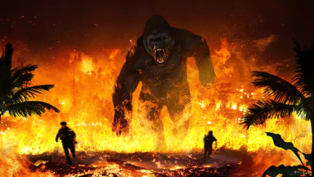 HD PC desktop wallpaper of King Kong (Kong: Skull Island movie) towering through a wall of fire as silhouetted soldiers flee across a burning jungle.