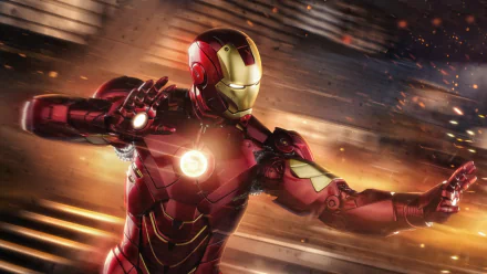 Iron Man in action, illuminated by his arc reactor, captured in a dynamic 4K Ultra HD PC desktop wallpaper inspired by Robert Downey Jr.'s iconic movie role.