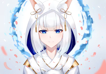 An HD desktop wallpaper featuring Kaga from Azur Lane, with white hair, blue eyes, and animal ears. The anime character is depicted with a calm expression, against a vibrant background sprinkled with petals.