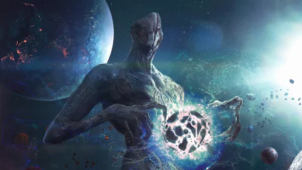 HD desktop wallpaper featuring a Sci-Fi creature standing against a space backdrop with planets and cosmic debris.