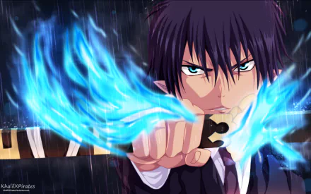 HD anime desktop wallpaper featuring Rin Okumura from Blue Exorcist, wielding his sword engulfed in vivid blue flames under a rainy backdrop.