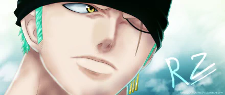 HD anime wallpaper featuring a close-up of Roronoa Zoro from One Piece with his signature earrings, green hair, and black headband against a cloudy sky background.