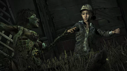 HD PC desktop wallpaper and background: Clementine (The Walking Dead) from the video game The Walking Dead: The Final Season, reaching toward a rotting walker amid tall grass.