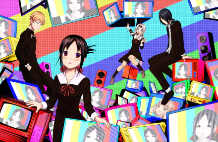 HD desktop wallpaper featuring characters from Kaguya-sama: Love is War anime, surrounded by colorful retro-style TV screens and pop art backgrounds.