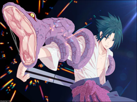 Sasuke Uchiha (Naruto) anime HD PC desktop wallpaper: dynamic pose with purple snake coils wrapped around his arm and sword, vibrant energy streaks against a dark background.
