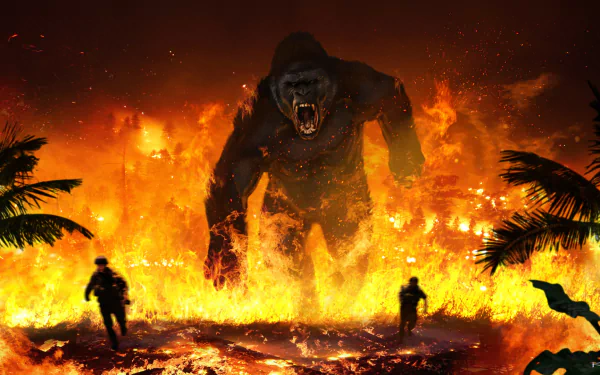 HD PC desktop wallpaper of King Kong (Kong: Skull Island movie) towering through a wall of fire as silhouetted soldiers flee across a burning jungle.