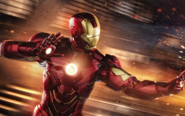 Iron Man in action, illuminated by his arc reactor, captured in a dynamic 4K Ultra HD PC desktop wallpaper inspired by Robert Downey Jr.'s iconic movie role.