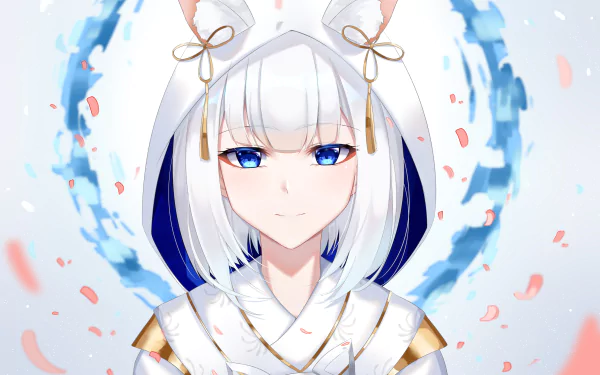 An HD desktop wallpaper featuring Kaga from Azur Lane, with white hair, blue eyes, and animal ears. The anime character is depicted with a calm expression, against a vibrant background sprinkled with petals.