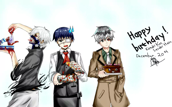 4K Ultra HD PC desktop wallpaper of Haise Sasaki and Ken Kaneki from Tokyo Ghoul anime, dressed formally and holding birthday cakes, with a handwritten Happy birthday on a pale background.