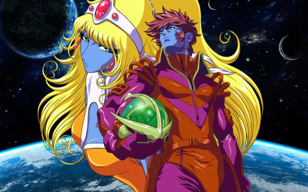 Anime HD PC desktop wallpaper from Interstella 5555: The 5tory of the 5ecret 5tar 5ystem — two blue-skinned characters (blonde and red-haired) posed in space above Earth.