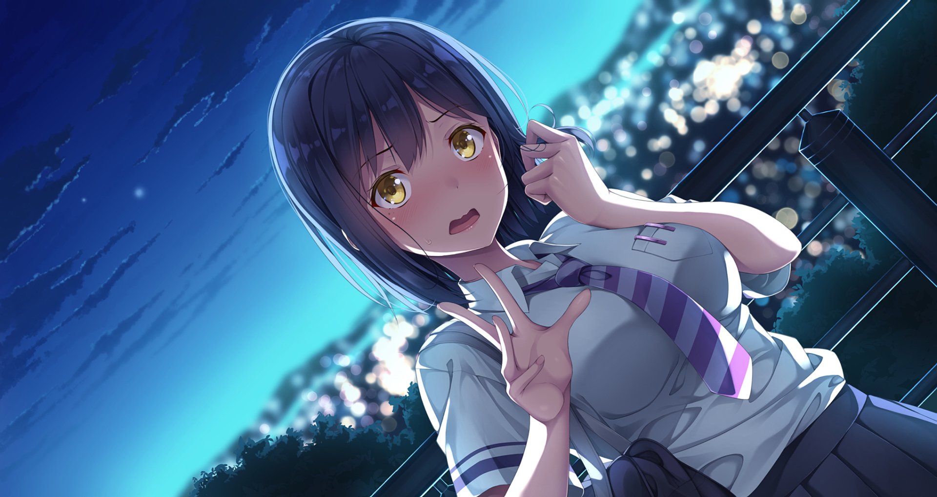 HD anime-style desktop wallpaper featuring Rin Shizuka, a Virtual YouTuber, with dark hair and golden eyes against a glowing night cityscape background.