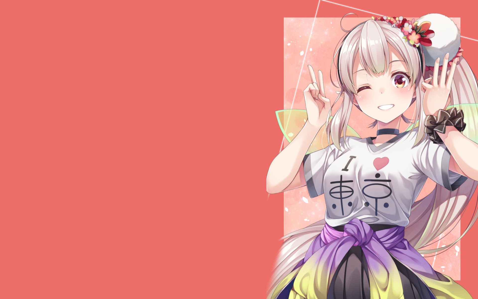 HD PC desktop wallpaper/background of a Nijisanji anime Virtual YouTuber: silver-haired girl winking and flashing peace signs, flower hair accessory, graphic tee and colorful skirt on a coral backdrop.
