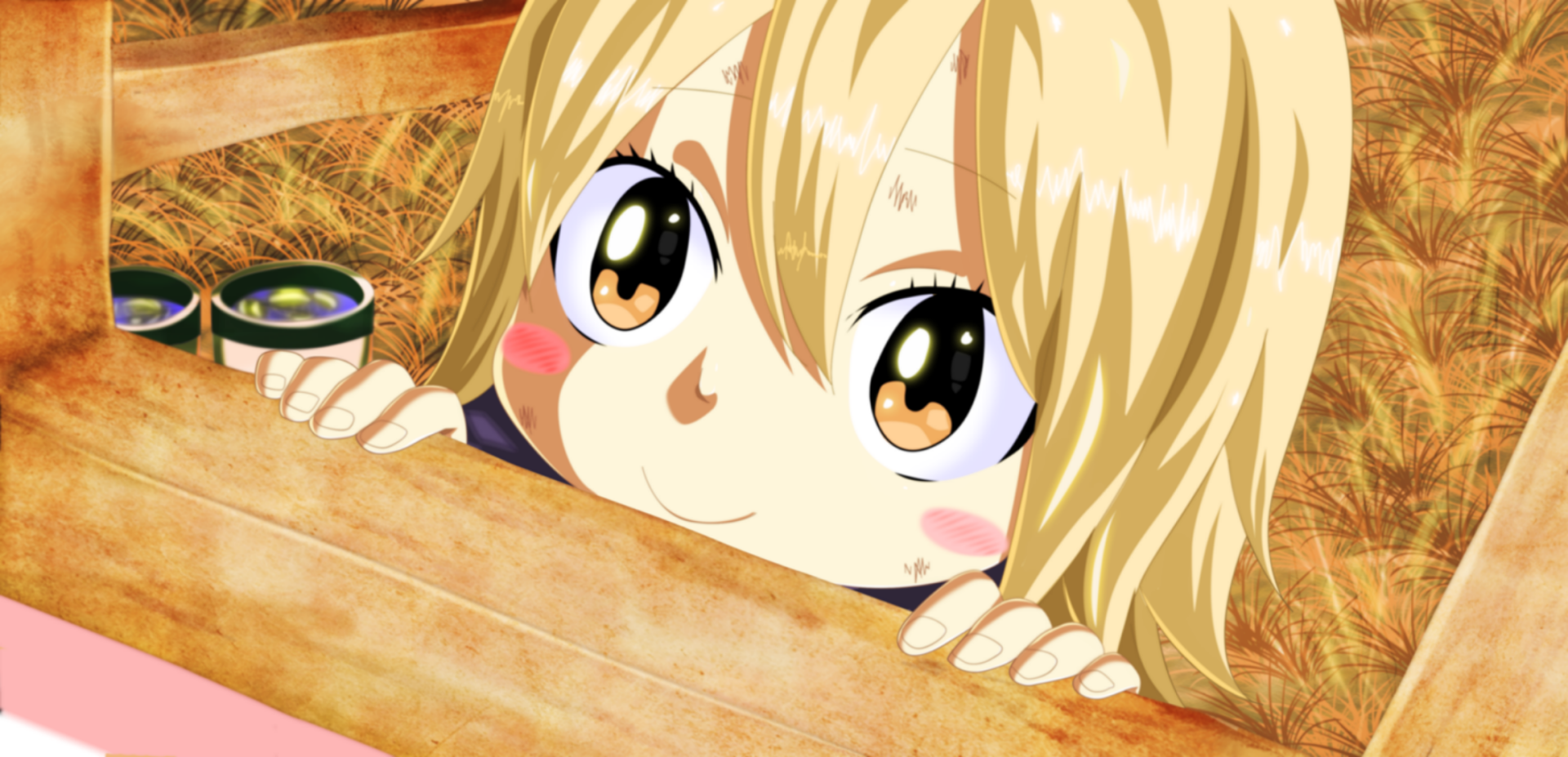 HD anime desktop wallpaper featuring Mavis Vermilion from Fairy Tail, showcasing her signature blonde hair and large expressive eyes in a close-up pose.